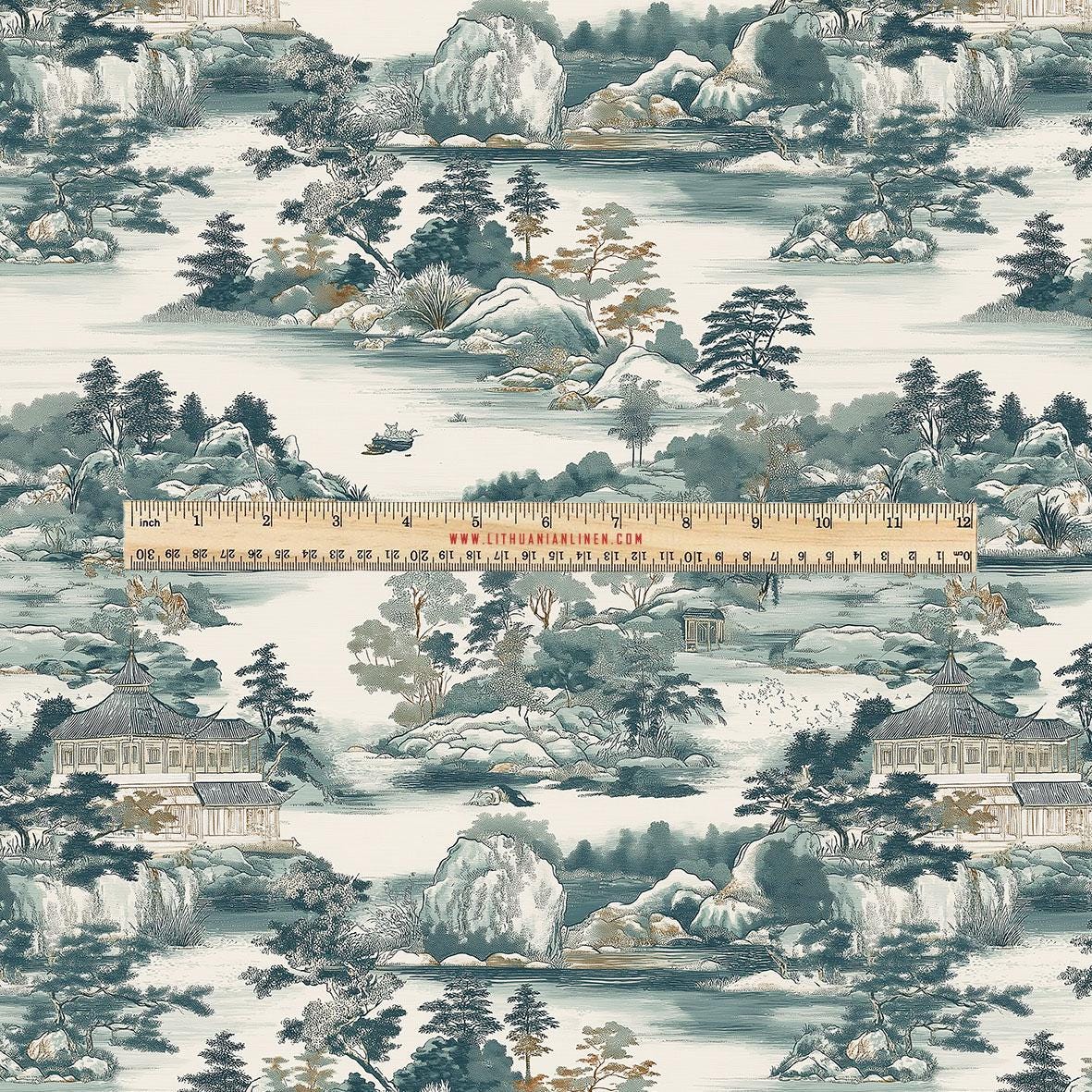 100% LINEN Fabric UPHOLSTERY 12oz - Takayama Japanese landscape blue green print - toile de jouy - scenery pine floral upholstery 2925