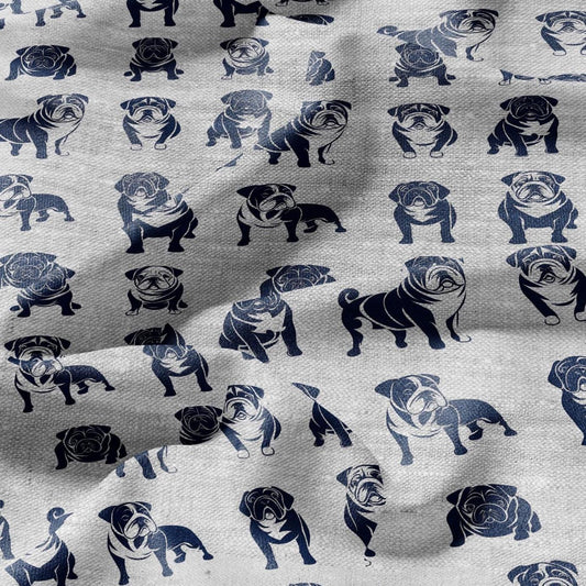 100% LINEN Fabric Bulldog navy blue gray print - Modern vintage fabric - upholstery home decor sewing clothing 2366