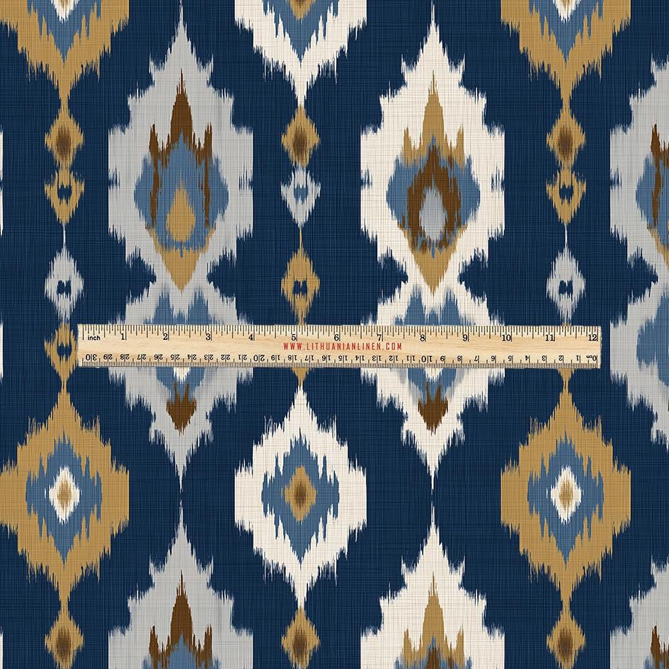 100% LINEN Fabric UPHOLSTERY 12oz - Navy brown ikat stripe print on linen 2972