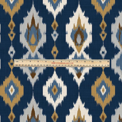 100% LINEN Fabric UPHOLSTERY 12oz - Navy brown ikat stripe print on linen 2972