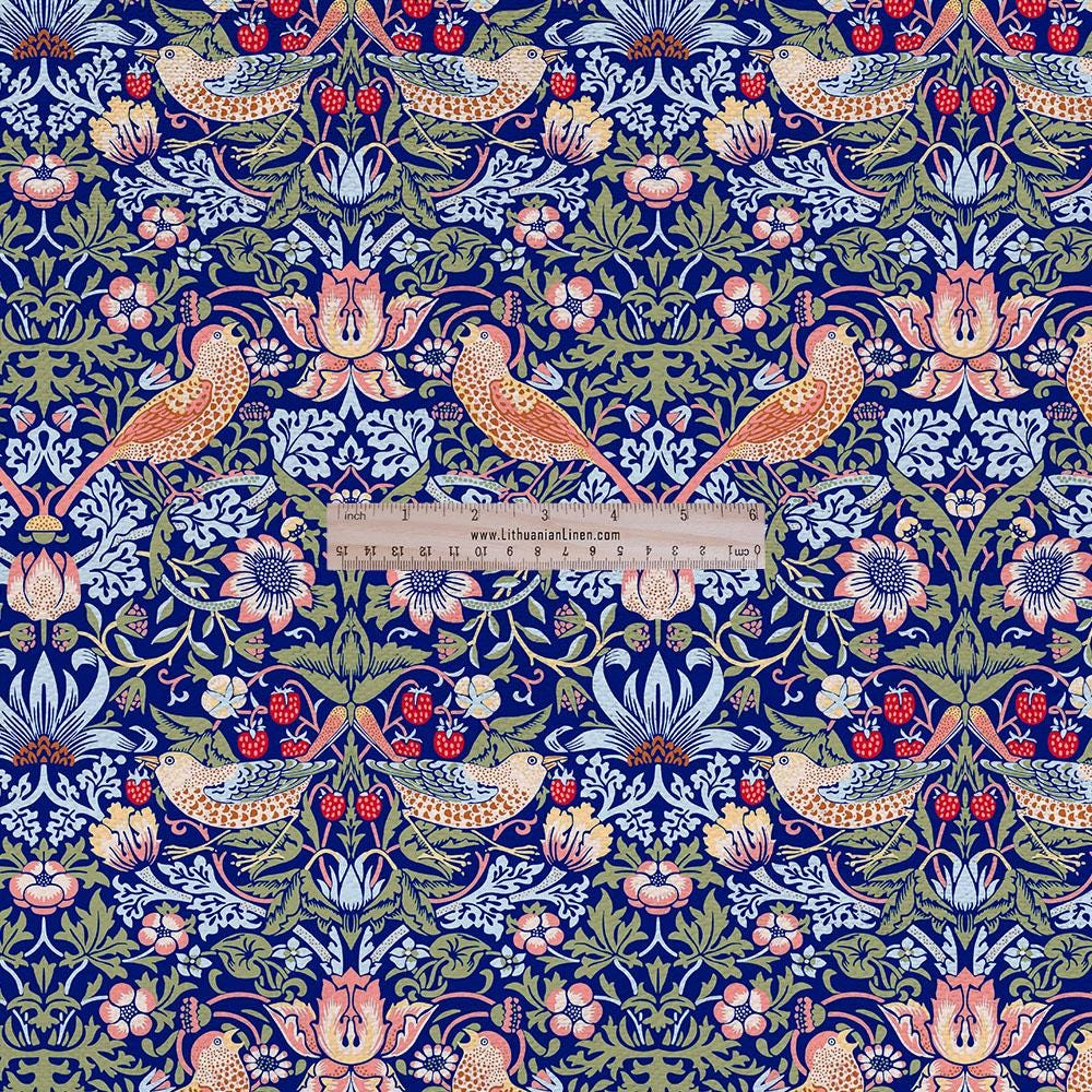 100% LINEN Fabric UPHOLSTERY 12oz - William Morris Strawberry thief print - Victorian Art craft - bird floral blue upholstery heavy 208