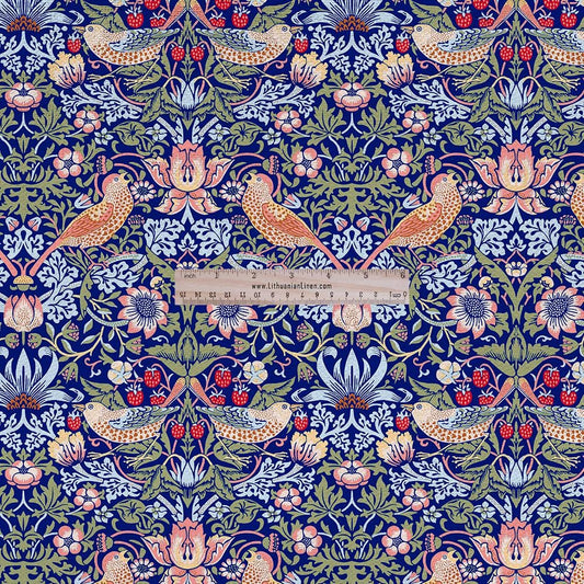 100% LINEN Fabric UPHOLSTERY 12oz - William Morris Strawberry thief print - Victorian Art craft - bird floral blue upholstery heavy 208