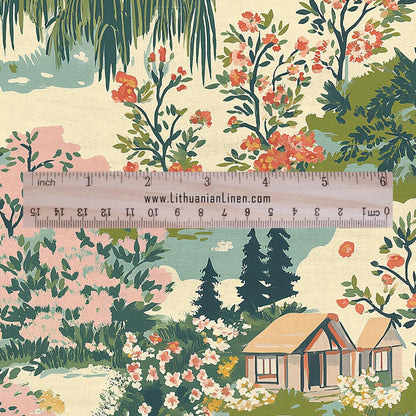 100% LINEN Fabric Country side - Village lanscape for upholstery dressmaking curtains home textile Art Nouveau 2133