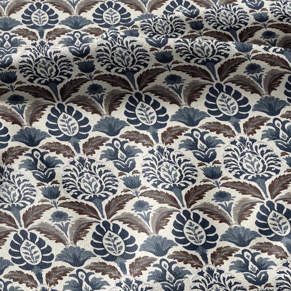 100% linen fabric Blue Brown Indian Block Print - Large Scale Botanical Damask Pattern for Upholstery Curtains Home Decor 3432