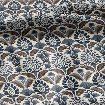 100% linen fabric Blue Brown Indian Block Print - Large Scale Botanical Damask Pattern for Upholstery Curtains Home Decor 3432