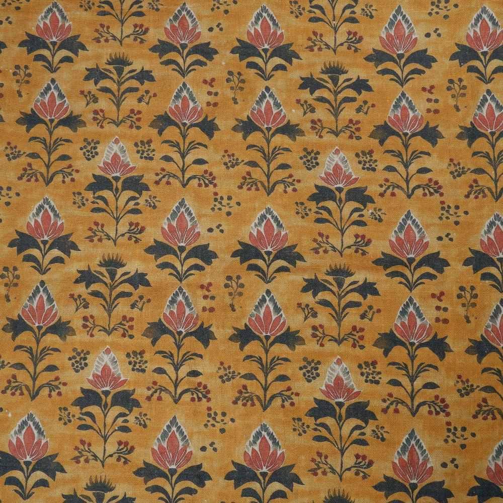 100% LINEN Fabric block print in mustard yellow - linen fabric floral print - light upholstery home decor dressmaking sewing 2079