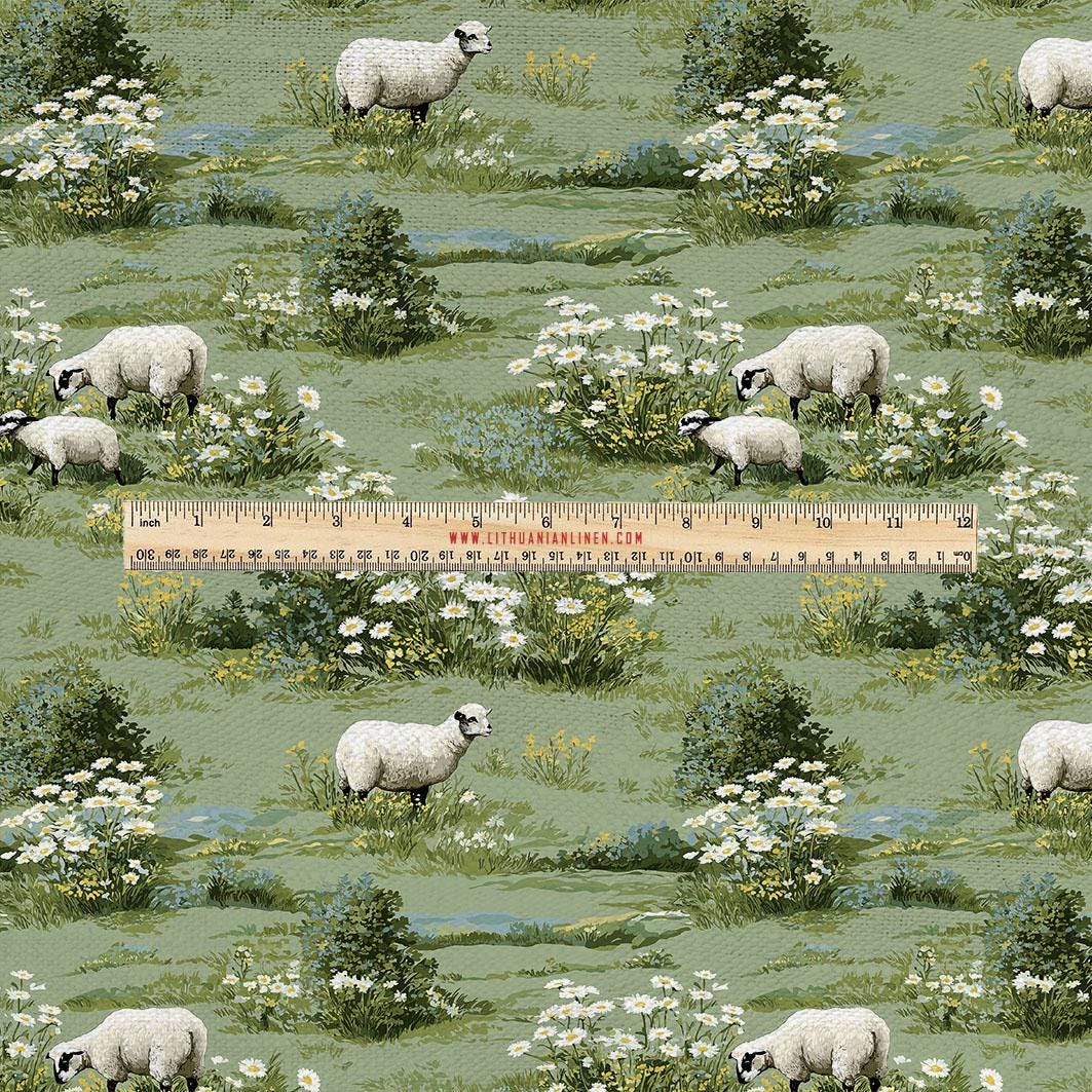 100% LINEN Fabric UPHOLSTERY 12oz - Irish sheep in green fields print on linen - Modern vintage floral animal pattern 2003