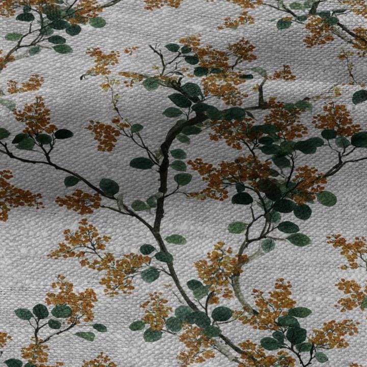 100% LINEN Fabric yellow mimosa blossom print - oatmeal linen fabric with floral botanical print - modern vintage 3057