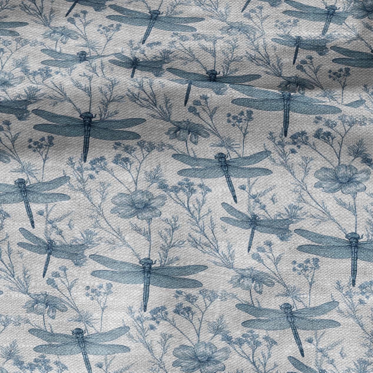 100% LINEN Fabric dragonflies blue print - botanical floral on oatmeal linen - modern vintage 3130