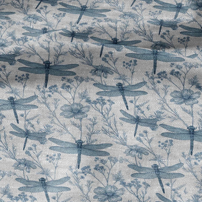 100% LINEN Fabric dragonflies blue print - botanical floral on oatmeal linen - modern vintage 3130