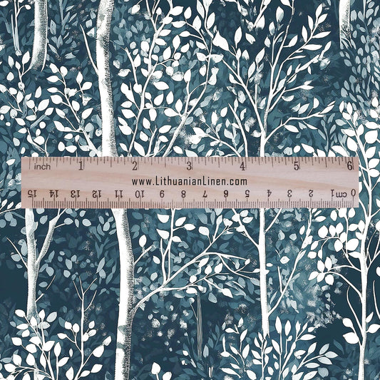 100% LINEN Fabric forest blue linen - tree print fabric for upholstery home decor dress making 2362
