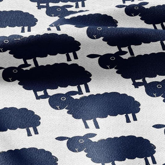 100% LINEN Fabric Block print  Sheep navy blue - animal upholstery home textile artisan fabrics green white 2361