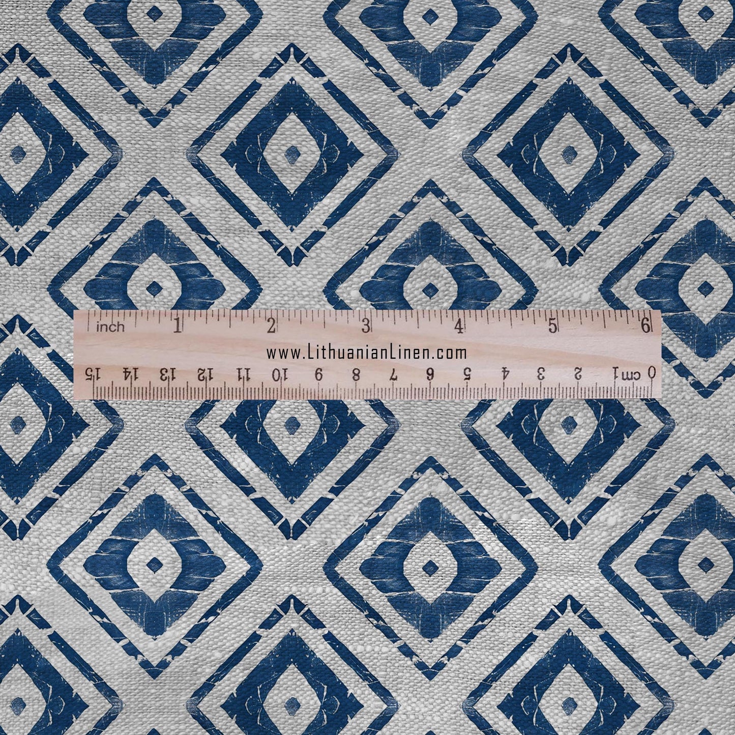 100% LINEN Fabric leaves print - Grandmillennial indigo blue - Modern vintage geometric block print upholstery curtains dress making 2659