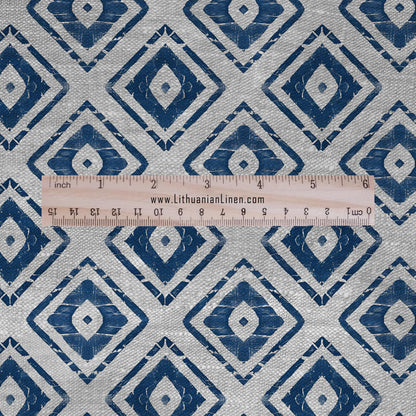 100% LINEN Fabric leaves print - Grandmillennial indigo blue - Modern vintage geometric block print upholstery curtains dress making 2659