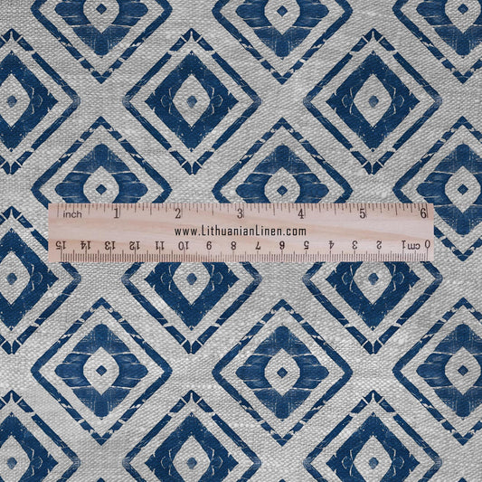 100% LINEN Fabric leaves print - Grandmillennial indigo blue - Modern vintage geometric block print upholstery curtains dress making 2659