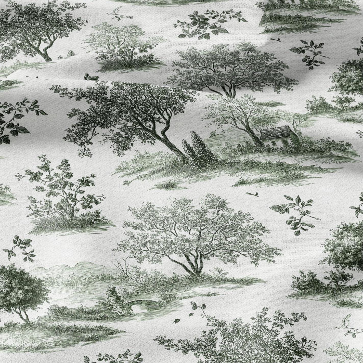 100% LINEN Fabric Countryside landscape - toile de jouy green white print linen heavy upholstery home decor - medium for dress making 3019