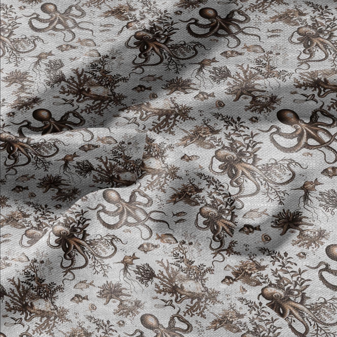 100% LINEN Fabric toile de jouy OCTOPUS Nautical print - sepia on oatmeal linen -  coastal print for upholstery home decor clothing 306S