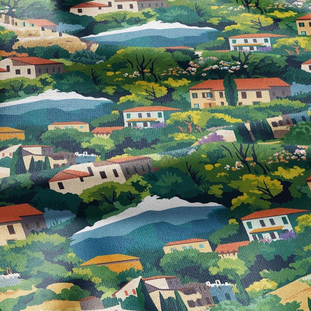 100% LINEN Fabric Catalonia Landscape - town city scenery print - heavy linen fabric for upholstery home decor 2920