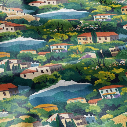 100% LINEN Fabric Catalonia Landscape - town city scenery print - heavy linen fabric for upholstery home decor 2920