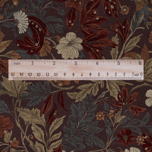 100% LINEN Fabric Autumn leaves floral print - Modern botanical - brown 3026