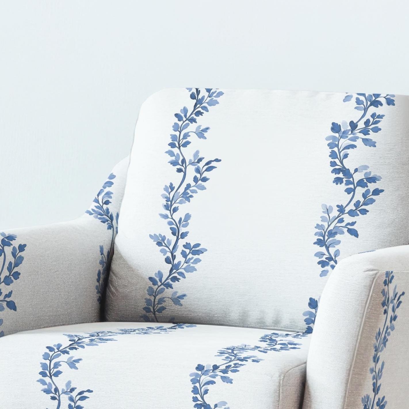 100% LINEN Fabric UPHOLSTERY 12oz - Floral stripe blue white - Modern Vintage Grandmillennial floral upholstery 2710