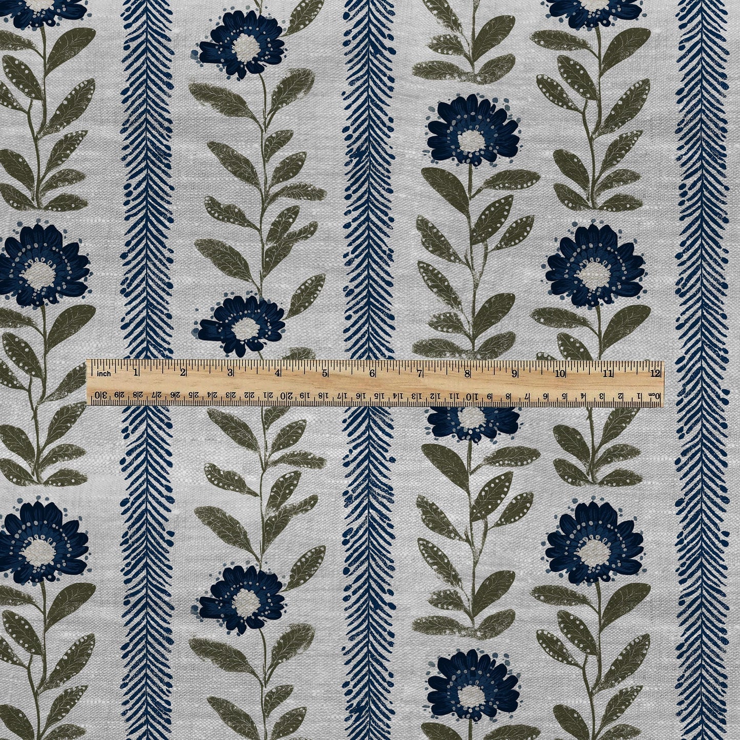 100% LINEN Fabric Floral stripe blue green print - french botanical on oatmeal linen 3126