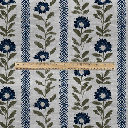 100% LINEN Fabric Floral stripe blue green print - french botanical on oatmeal linen 3126
