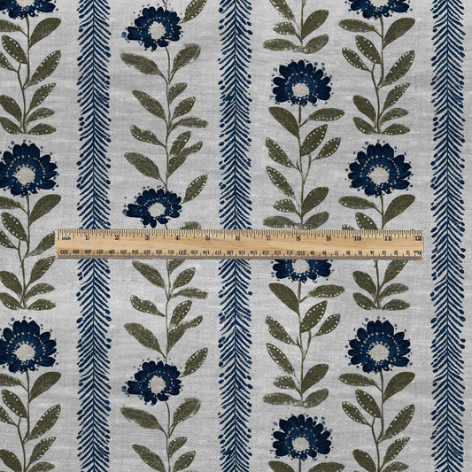100% LINEN Fabric Floral stripe blue green print - french botanical on oatmeal linen 3126