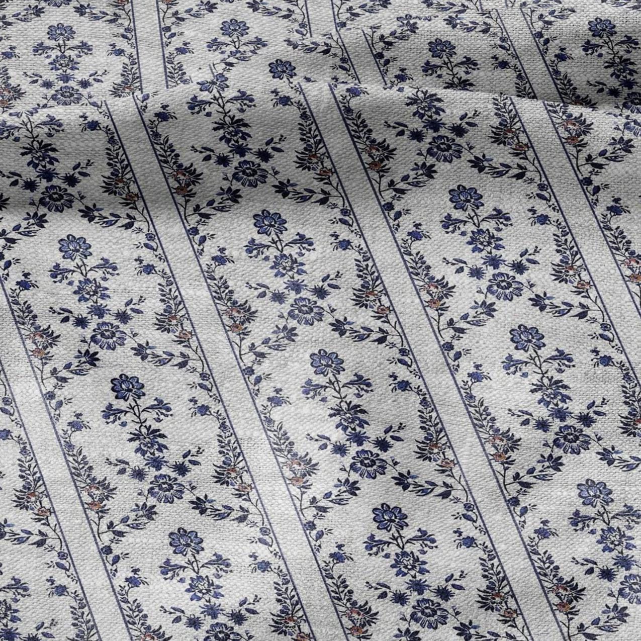100% LINEN Fabric print Stripe floral blue print - oatmeal linen fabric withtiny flower - heavy for home decor clothing 2390