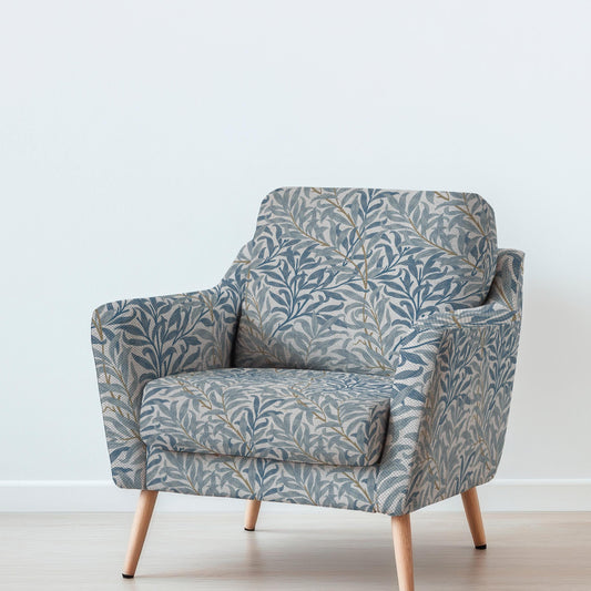 100% LINEN Fabric UPHOLSTERY 12oz - Blue leaves William Morris Bough Willow on oatmeal - Modern vintage historical British floral 2981G