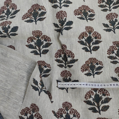 100% LINEN Fabric hand block print flowers - oatmeal linen fabric with black brown print Achillea - fabric for home decor upholstery
