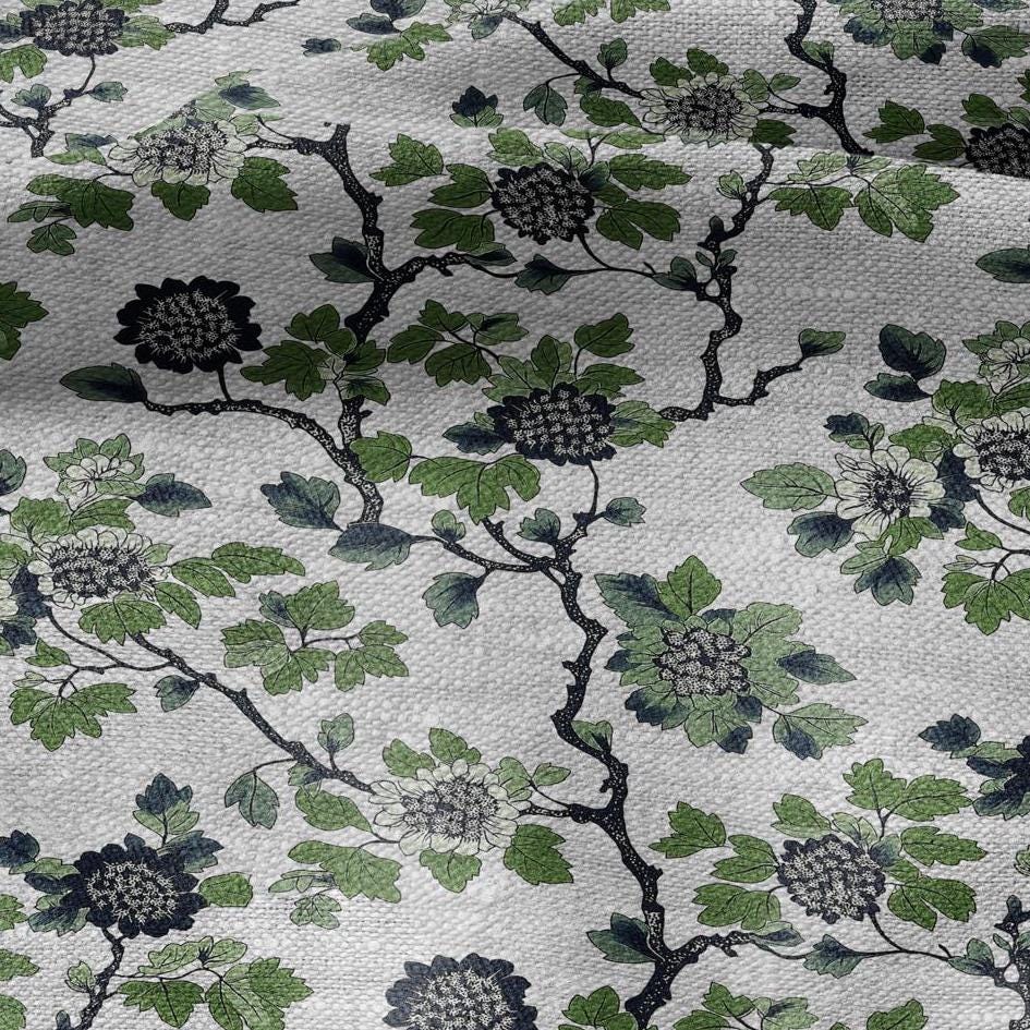 100% LINEN Fabric printgreen blue flower gray - oatmeal linen fabric with botanical print - heavy for home decor clothing 2918