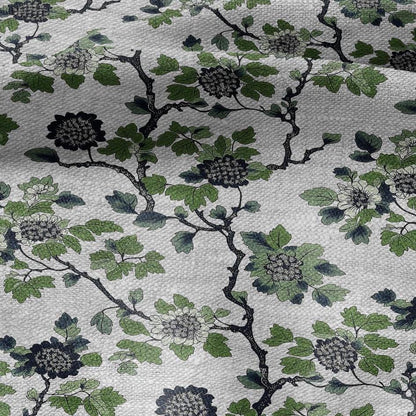 100% LINEN Fabric printgreen blue flower gray - oatmeal linen fabric with botanical print - heavy for home decor clothing 2918