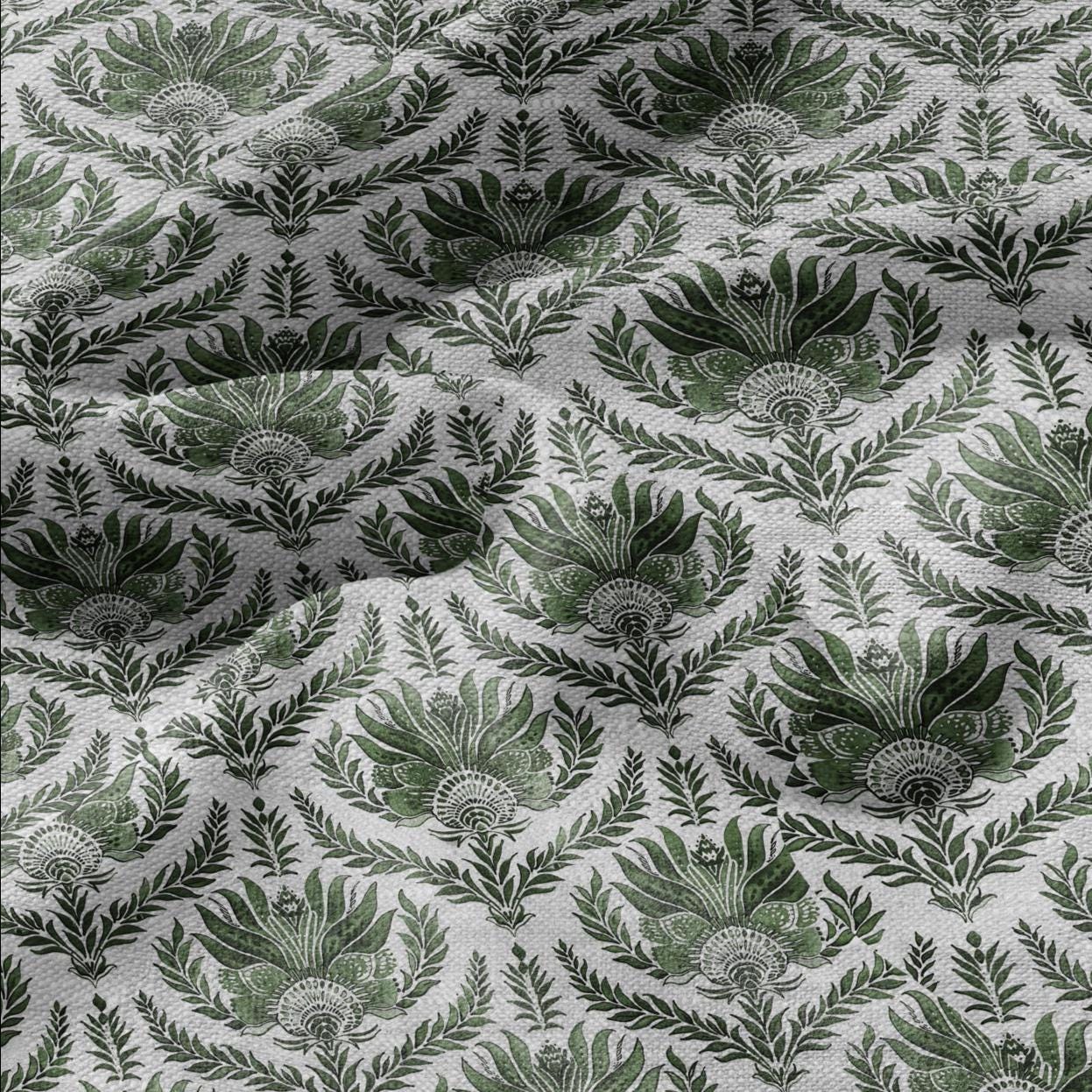 100% LINEN Fabric french blue block print on oatmeal natur linen - 305G - floral toile de jouy fabric, French linen floral upholstery