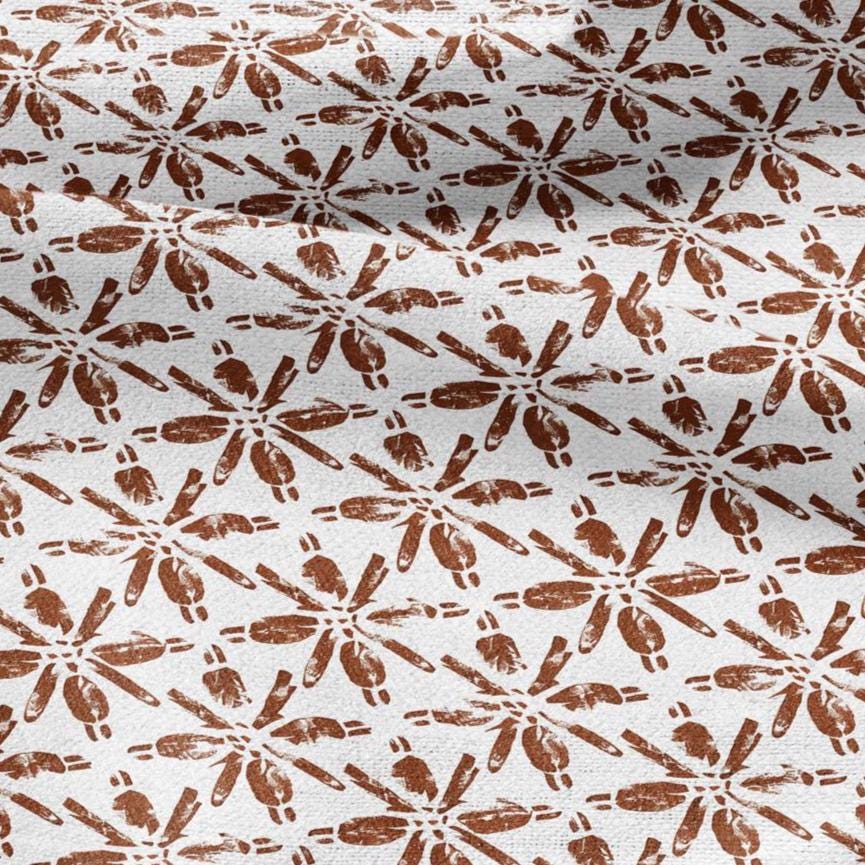 100% LINEN Fabric floral print - Grandmillennial brick red - Modern vintage flower block print upholstery curtains dress making 2928