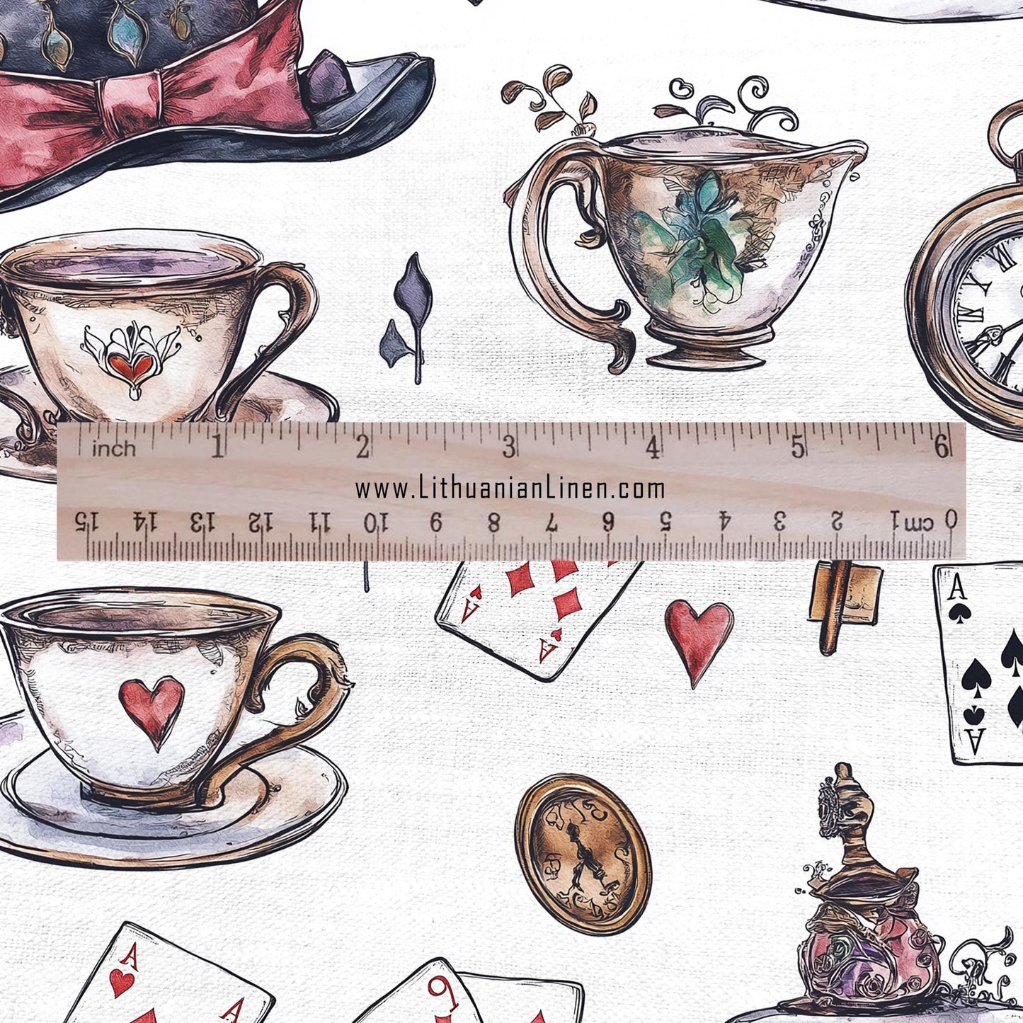 100% LINEN Fabric with Abstract Alice in wonderland pattern - linen fabric for upholstery home decor dressmaking clothing sewing 2217