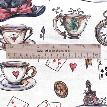 100% LINEN Fabric with Abstract Alice in wonderland pattern - linen fabric for upholstery home decor dressmaking clothing sewing 2217