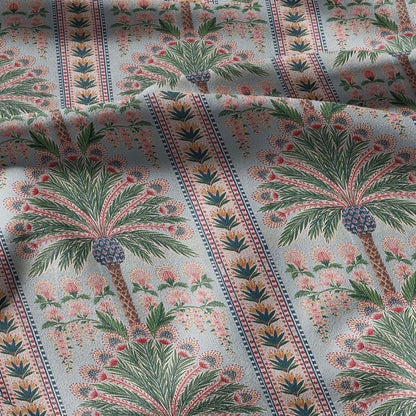 100% linen fabric Palm floral print - Vintage pink red green botanical  - modern vintage 3394