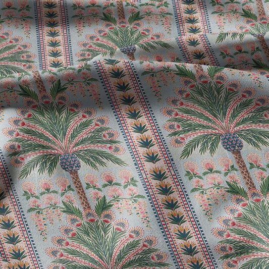 100% linen fabric Palm floral print - Vintage pink red green botanical  - modern vintage 3394
