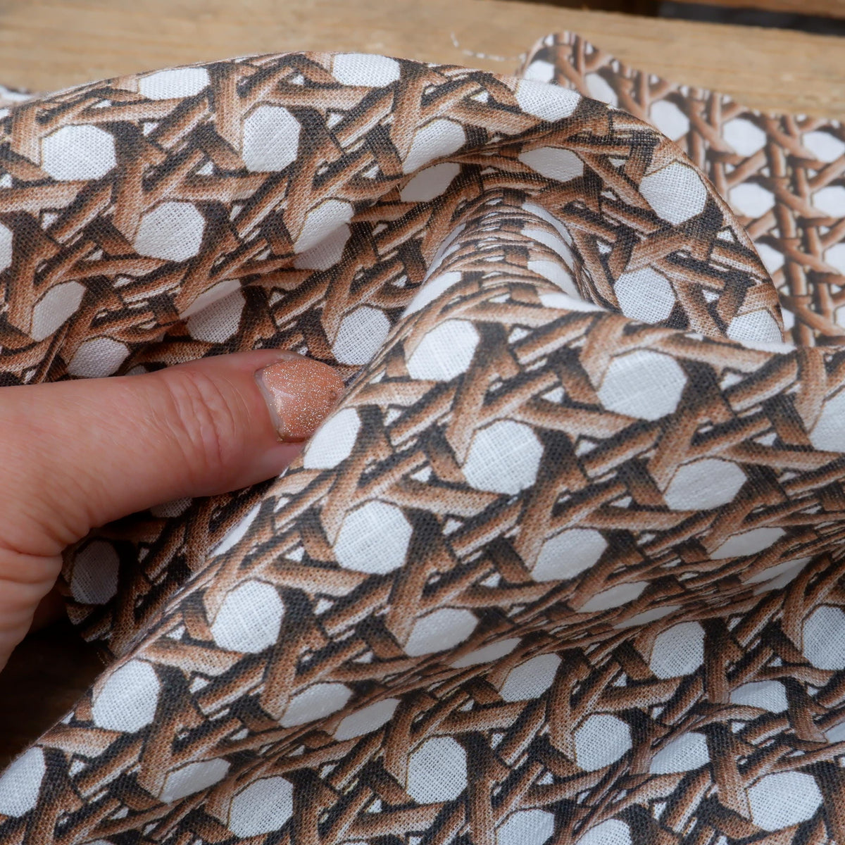 100% LINEN Fabric brown bamboo trellis - botanical textile artisan fabrics blue white 3686
