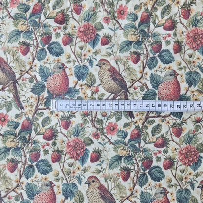 Birds in Strawberry field 100% LINEN Fabric, flax linen fabric Strawberry print on linen for home textile clothing curtains