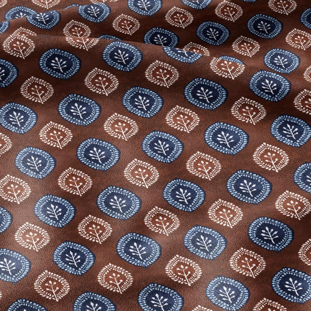 100% LINEN Fabric medallion print - navy brick red block print linen heavy for upholstery home decor - medium for dress making 2786