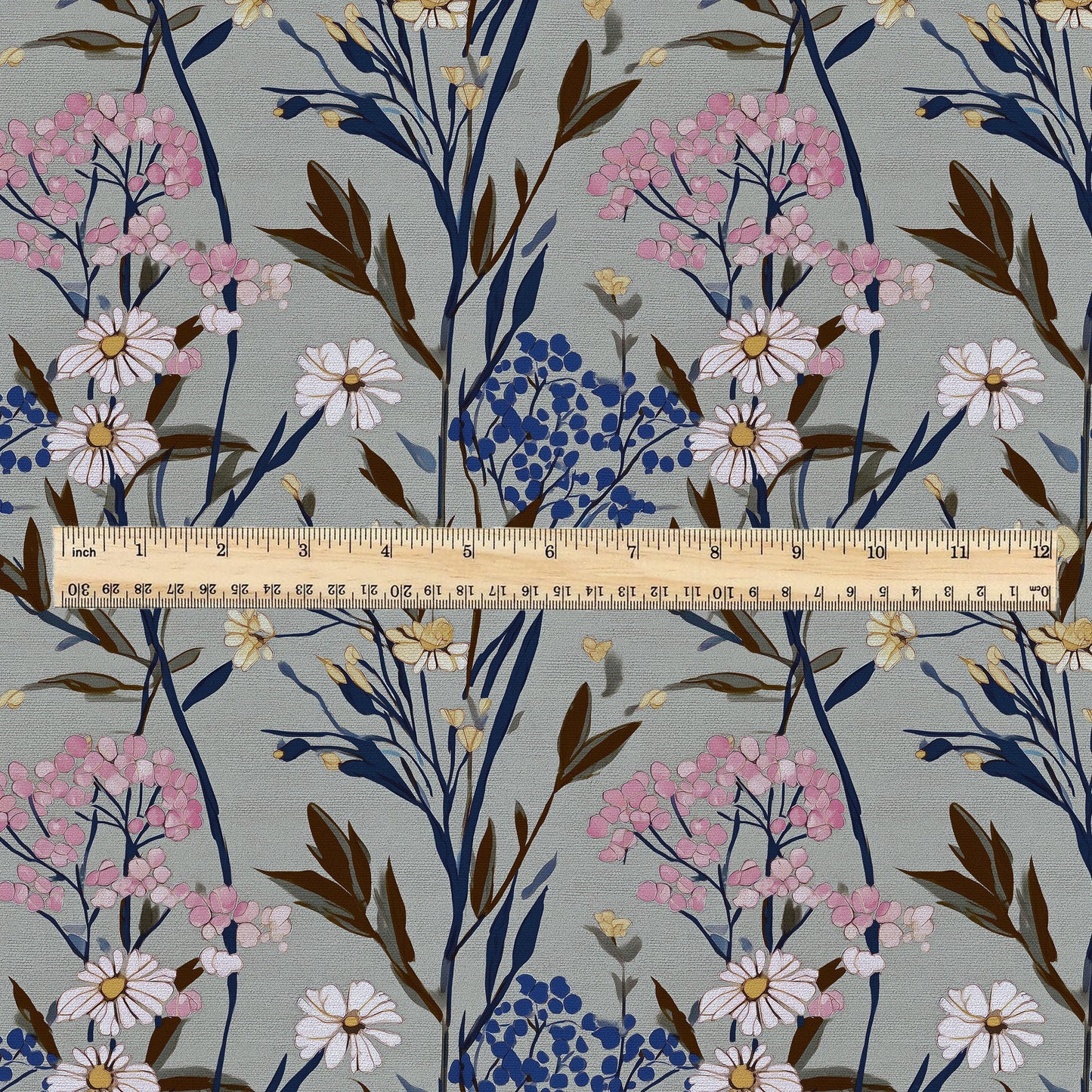 100% LINEN Fabric flowers print - Meadow botanical  upholstery home textile artisan pink gray bluee 2748
