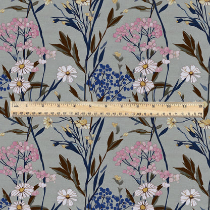 100% LINEN Fabric flowers print - Meadow botanical  upholstery home textile artisan pink gray bluee 2748