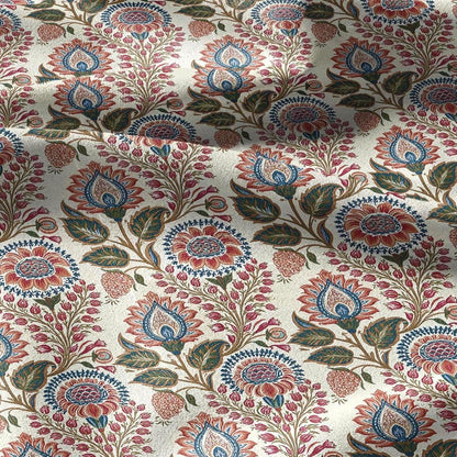 100% linen fabric Paisley floral print - Vintage pink red green botanical  - modern vintage  3414