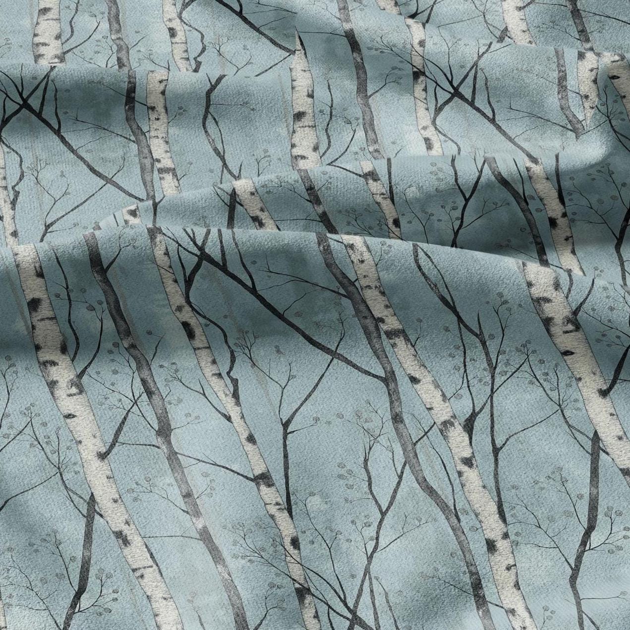 100% LINEN Fabric Brich tree print - Modern vintage blue lanscape forest  - upholstery curtains dress making 2382