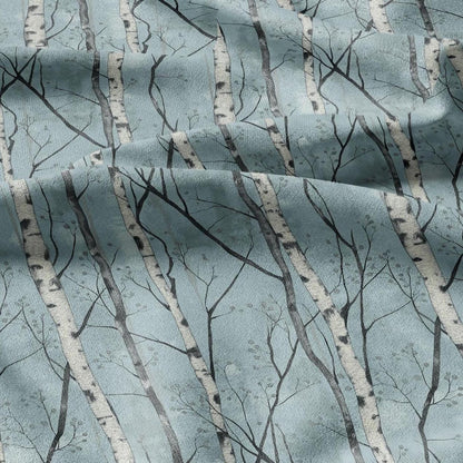 100% LINEN Fabric Brich tree print - Modern vintage blue lanscape forest  - upholstery curtains dress making 2382