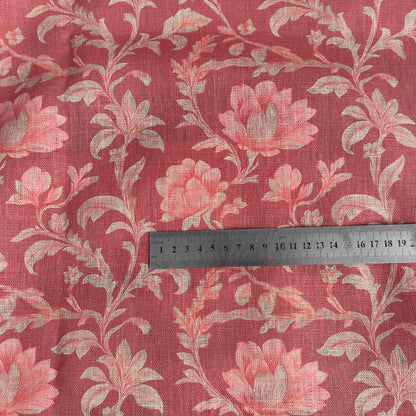 100% LINEN Fabric red floral print on linen, botanical print fabric for upholstery home decor curtains pillows cushions