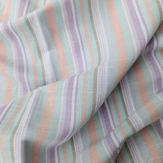 Premium Linen striped Fabric in pastel purple pink white | Medium weight multicolor stripes Roskilde Stripe for clothing home textile