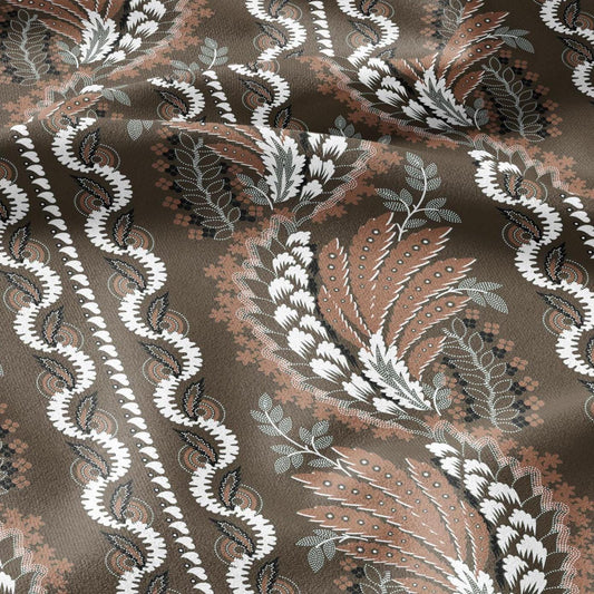 100% LINEN Fabric Vintage floral squilr stripe print - Modern botanical - Victorian Art Craft brown 3165